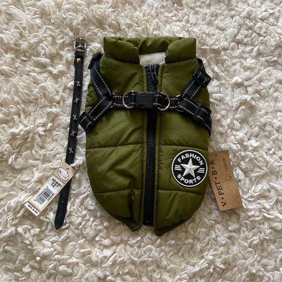 V.Pet.B.R Vest Jacket w/ Harness Waterproof Fashion Sports Hunter Green w/ leash - Picture 1 of 7
